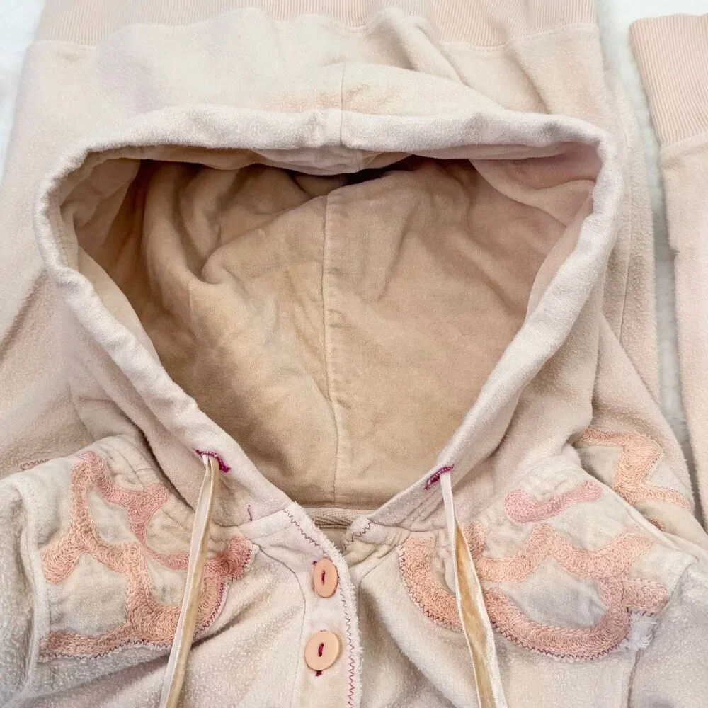 Free People Peach Floral Embroidered Pull-Over Hoodie Velvet Accents Medium Weig